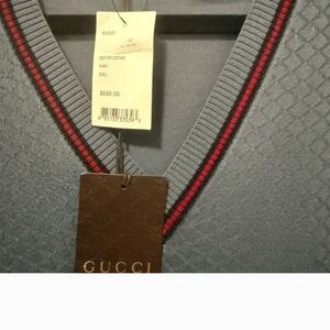 Gucci Men's V-Neck Sweater in Blue with Red Trim